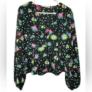 Rokoko Peplum Top Black Floral Button Up Size Medium Boho Long Sleeve Colorful